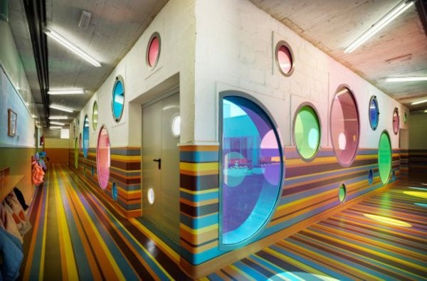 kindergarten interiors round windows made of colored glass
