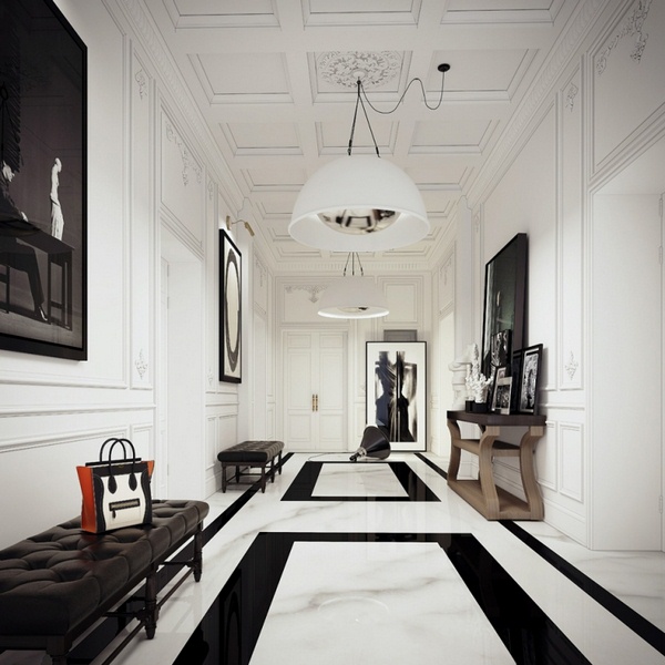 Marble floor at home corridor black and white Suspension lamp high ceiling pattern images photos