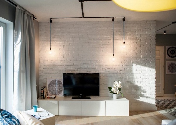 Wall decoration living brick wall white low board television