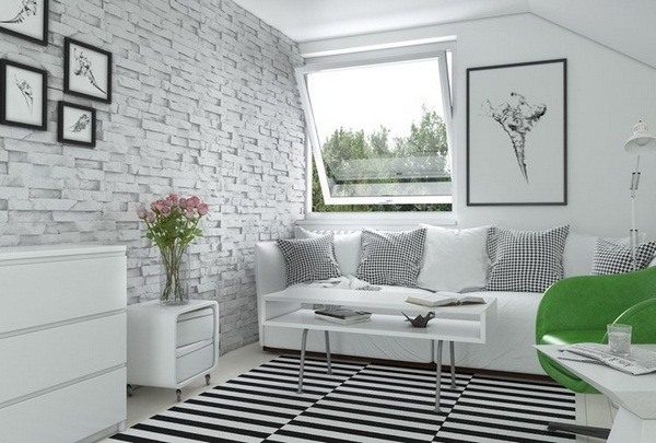 Wall tile stone look white sofas living