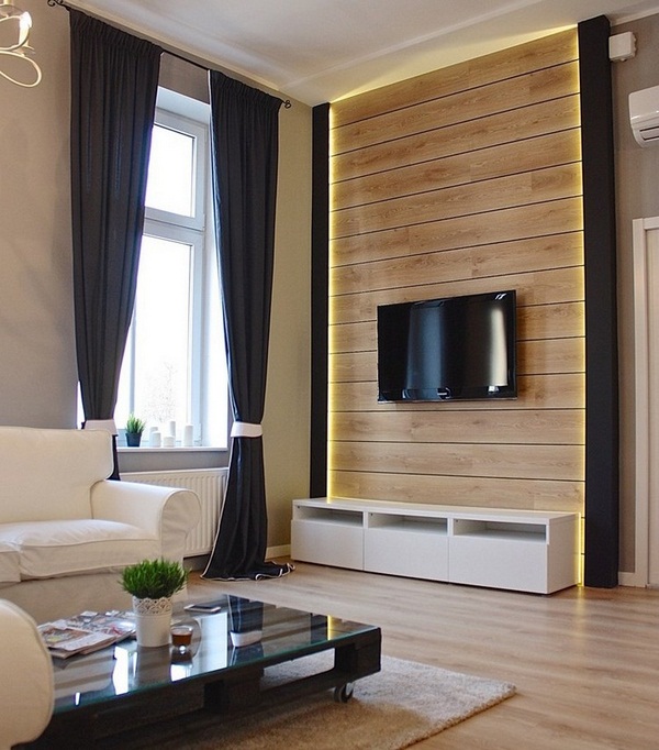 Wooden wall livingroom 3 taupe wall panels sofa
