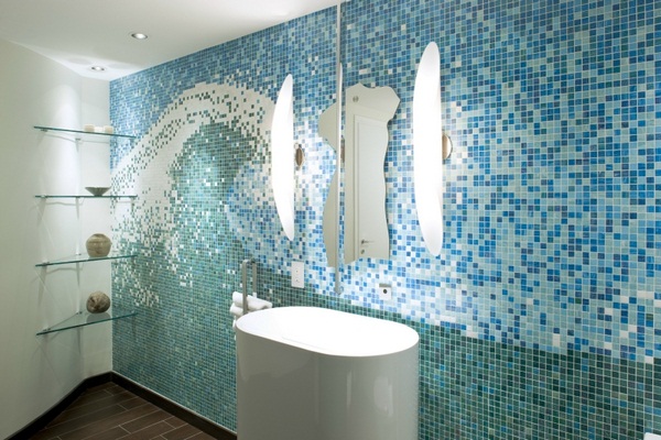 Mosaic tiles green bathroom design wall tile pattern wave
