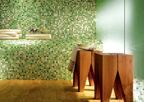 Mosaic tiles green bathroom shower bench frosted glass