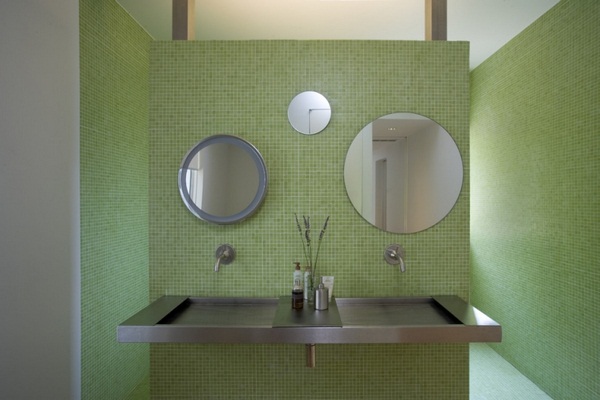 Mosaic tiles green double sink mirror round