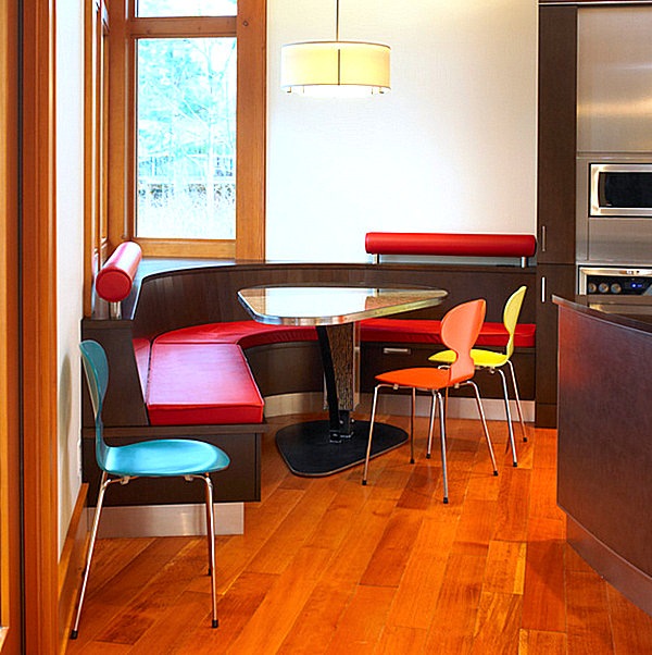 Colorful booth seating in a modern kitchen