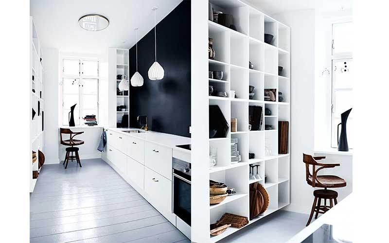 Two looks of a small kitchen with amazing open shelving