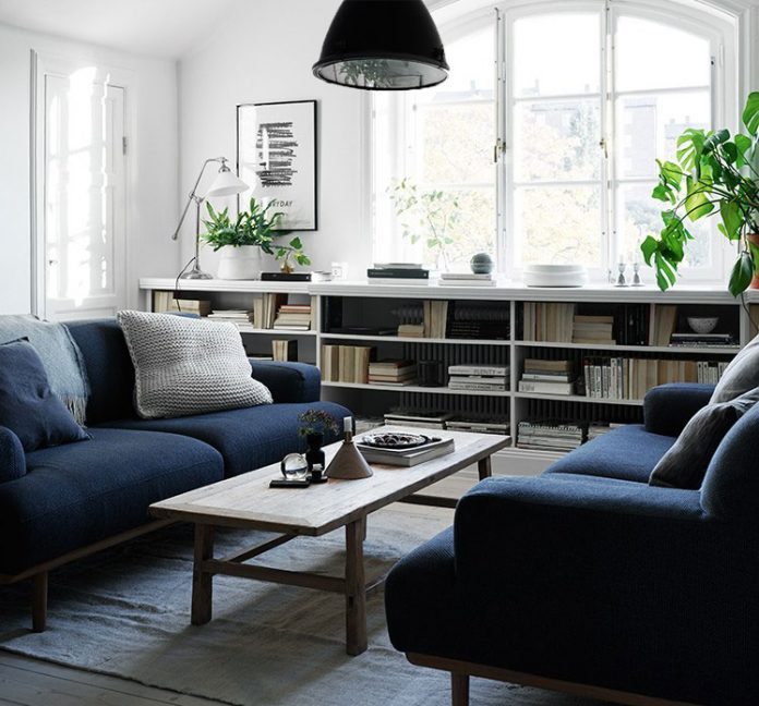 Living-room-with-two-depp-blue-sofas