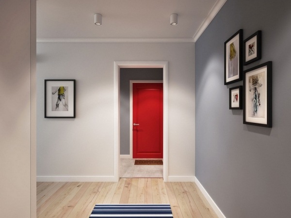 Wall color gray corridor door red bright color accent image