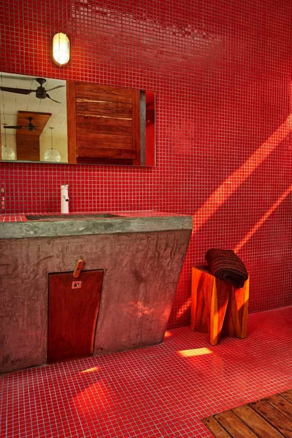 geometry colors modern red bathroom concrete mosaic tiles minimalist house