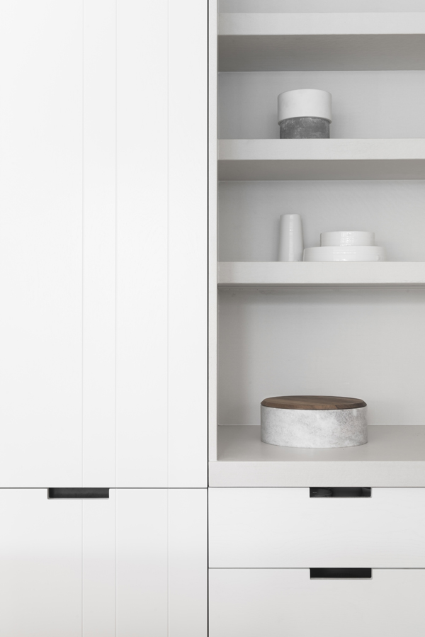 white modern kitchen, open shelves