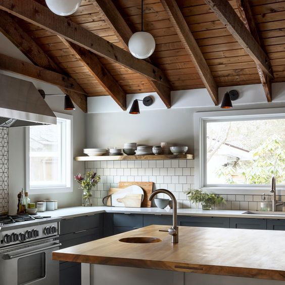 wooden ceiling with rustic beams