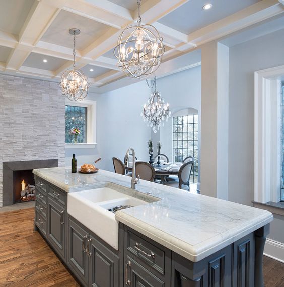 grey and white coffered ceiling for a kitchen