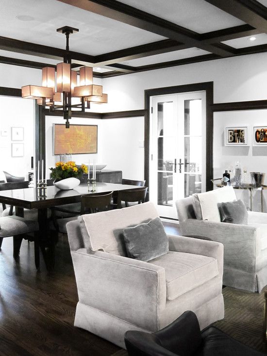 black and white dining room coffered ceiling