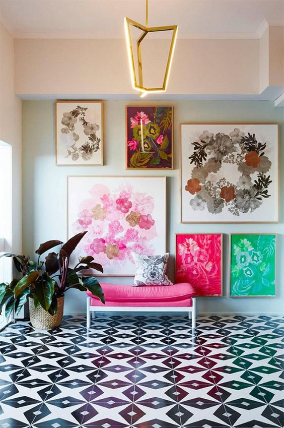 colorful watercolor gallery wall