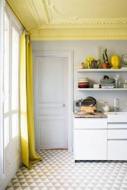 yellow ceiling molding in the kitchen