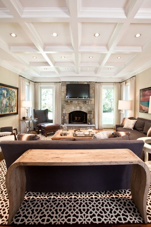 white living room coffered ceiling