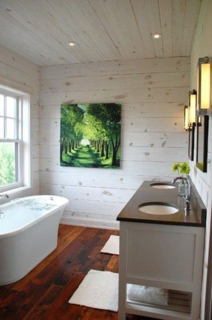 whitewashed wooden bathroom ceiling