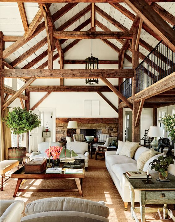 white and natural color wooden ceiling with beams