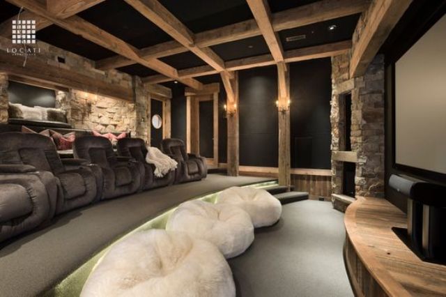 black basement ceiling with exposed wooden beams