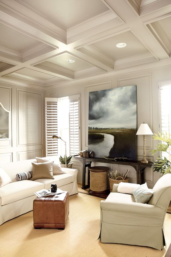 all white coffered ceiling for a living room