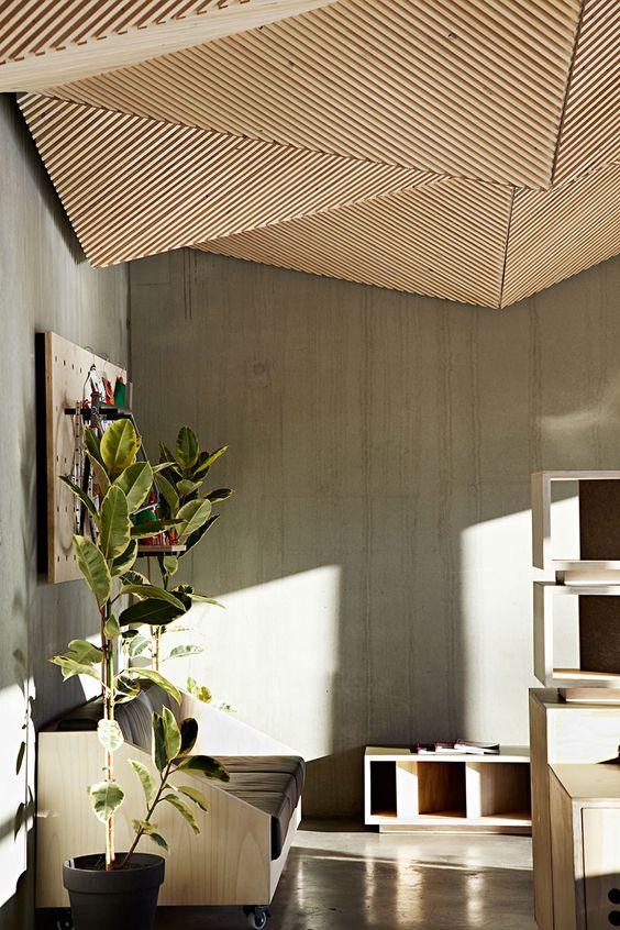 sculptural geometric wooden ceiling