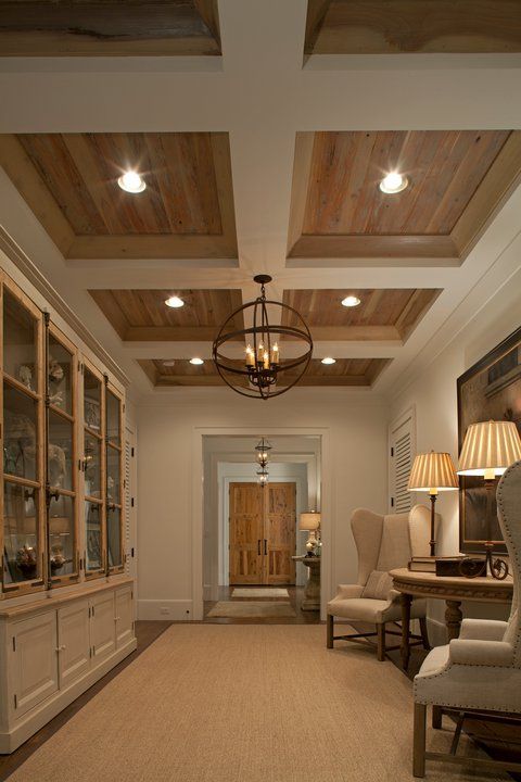 wethered wood and white coffered ceiling