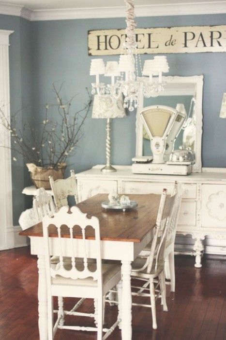 blue and white shabby chic dining area