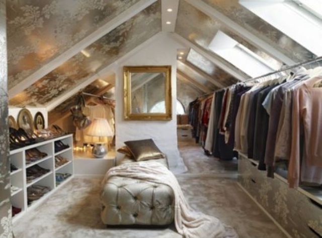 attic closet with hangers and shoe shelves