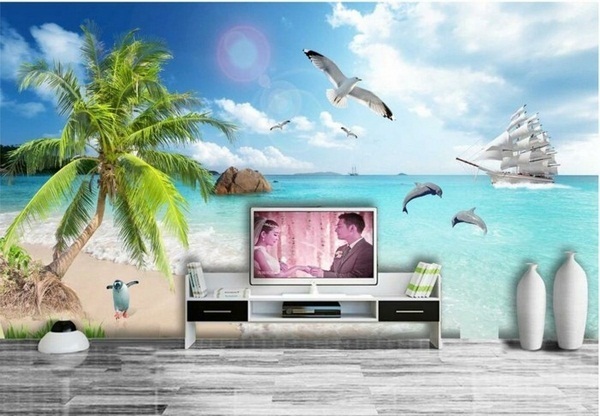 Mural beach behind the TV