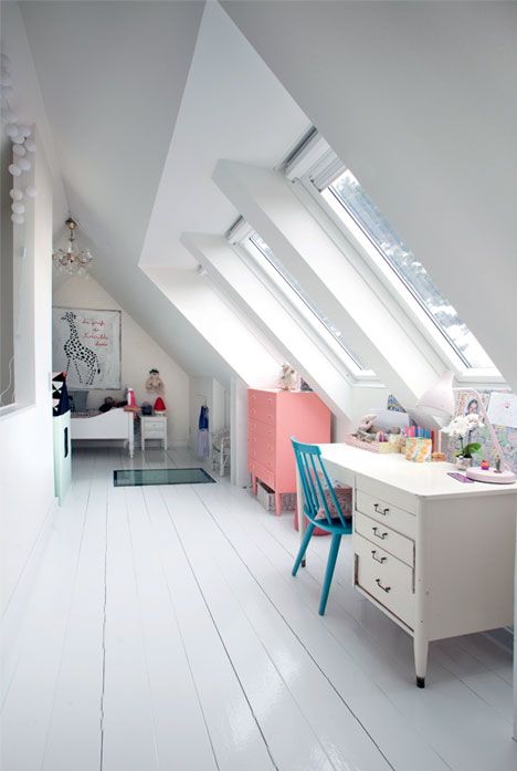 long and narrow kids' room in the attic space