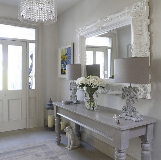 whitewashed shabby chic entry with grey touches