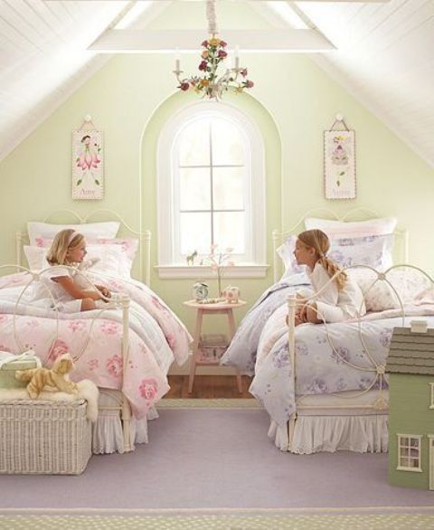 vintage attic shared girls' room with floral prints