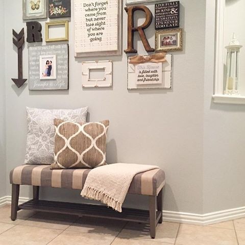 small striped entryway bench