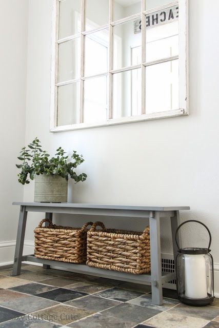 sawhorse mudroom bench with baskets
