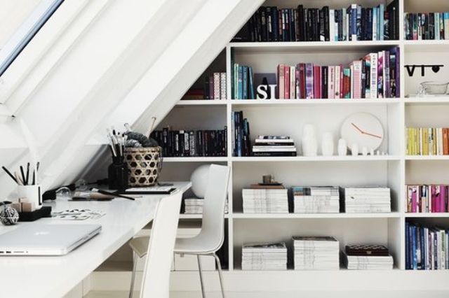 bookshelves in an attic home office