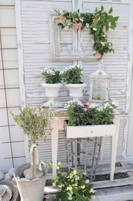 whitewashed frames and pots for a shabby chic terrace