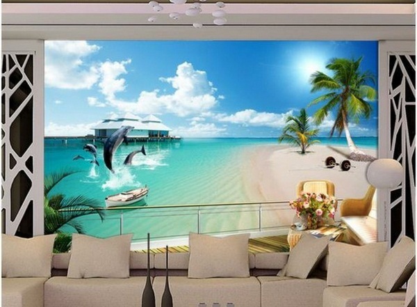 Beach photo wallpaper with jumping dolphins