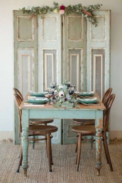 neutrals and blue shabby dining area