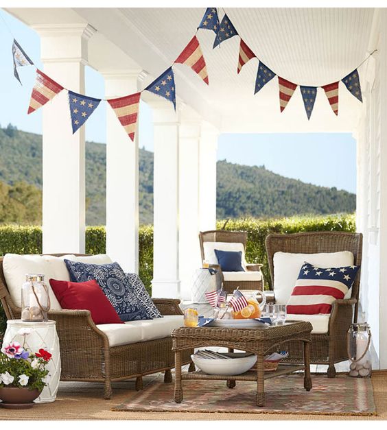 Dream Porch! Look at the details! via @Pottery Barn Fourth of July | 4th of July | beautiful porch | vacation home | July 4th Party | July 4th Decorations: 