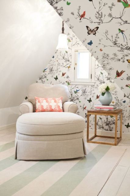 little reading nook with floral wallpapers