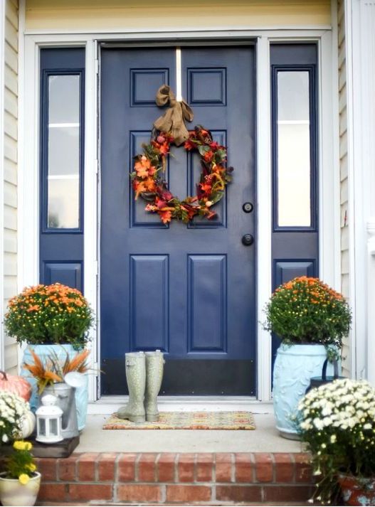 dazzling blue front door and sidelights framed in white