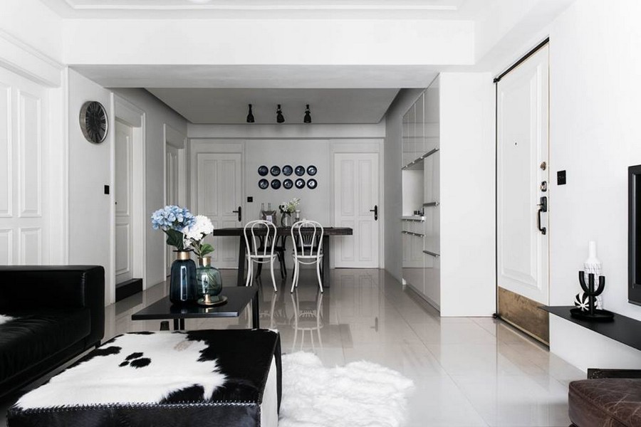 0-eclectic-Scandinavian-and-French-style-interior-black-and-white-open-concept-living-room-dining-set-many-doors