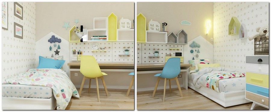 10-1-contemporary-style-interior-design-kid's-toddler-room-bedroom-light-beige-blue-yellow-double-two-person-desk-two-beds-symmetrical-perforated-board