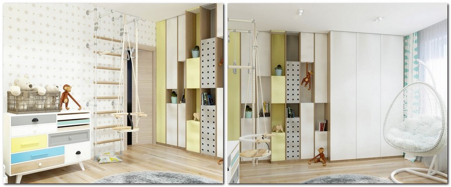 10-2-contemporary-style-interior-design-white-yelloe-light-blue-suspended-chair-wall-to-wall-closet-with-open-racks-chest-of-drawers-swings-gym-wall-bars