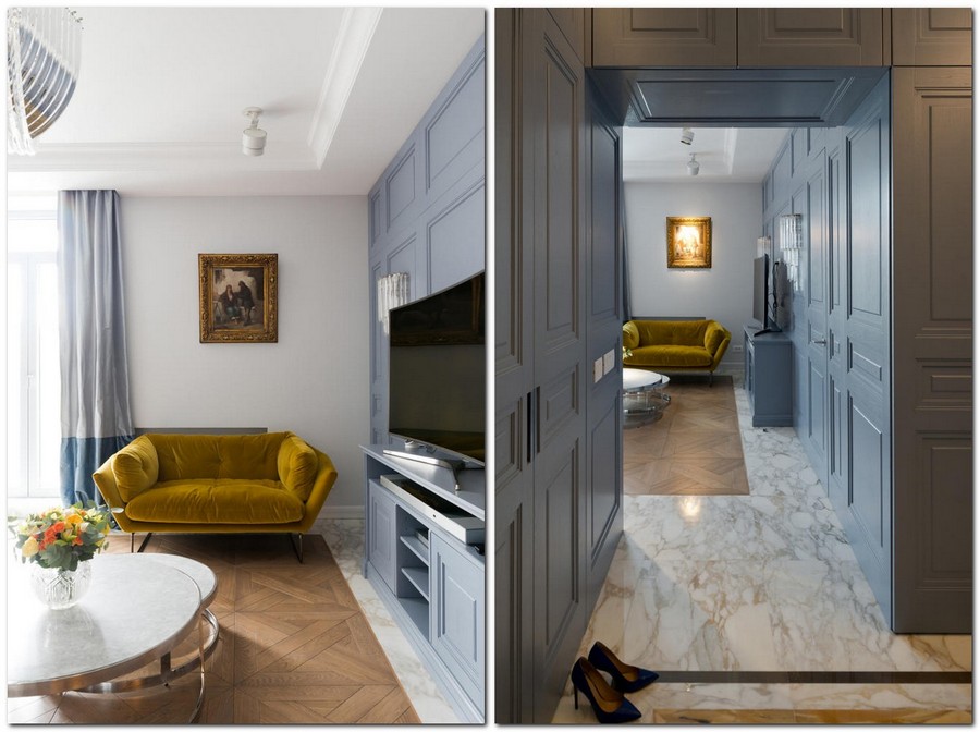 2-1-American-style-interior-wooden-wall-panelling-doors-hallway-corridor-living-room-marble-floor-tiles-oak-parquetry-rug-mixed-floor-materials-green-sofabi-color-curtains-blue