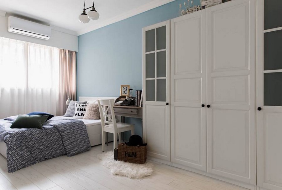 4-1-eclectic-Scandinavian-and-French-style-interior-bedroom-white-pale-pink-curtains-light-blue-wall-white-furniture-big-closet-wardrobe-console-desk-dressing-table-throw-pillows-white-floor