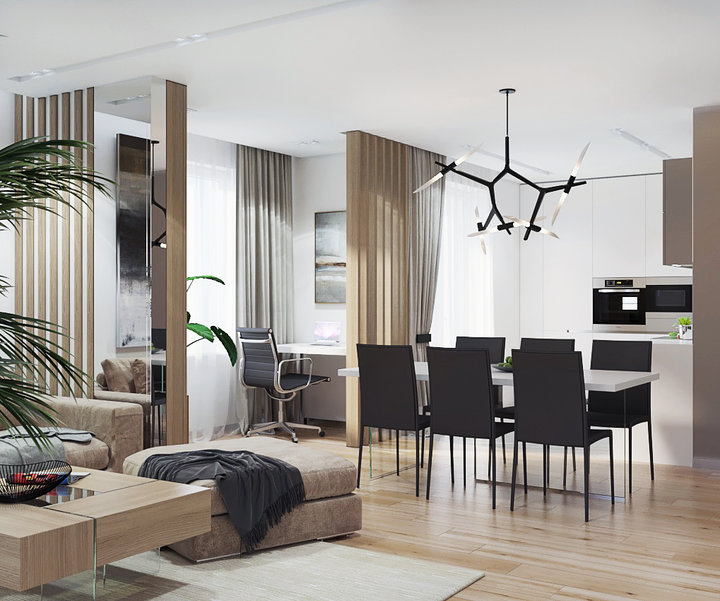 5-1-contemporary-style-interior-design-open-concept-living-dining-room-work-area-study-kitchen-beige-light-wood-strip-partition-black-chairs-white-walls