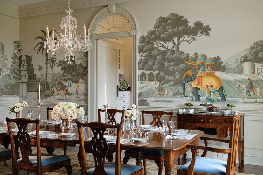 6-1-kitchen-wallpaper-wall-covering-ideas-in-interior-design-wall-mural-Indian-motifs-elephants-dining-room-arched-doorway-transom-crystal-chandelier-wooden-table-classical-style-chairs