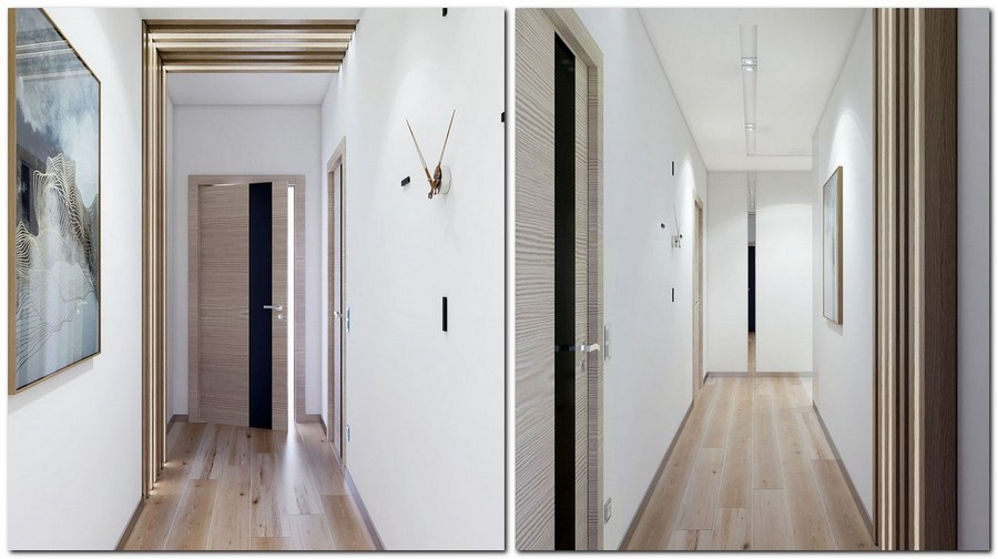 7-2-contemporary-style-interior-design-narrow-corridor-hallway-wooden-strips-planks-wall-decor-white-walls-mirror-inserts-doors-with-black-glass-inserts