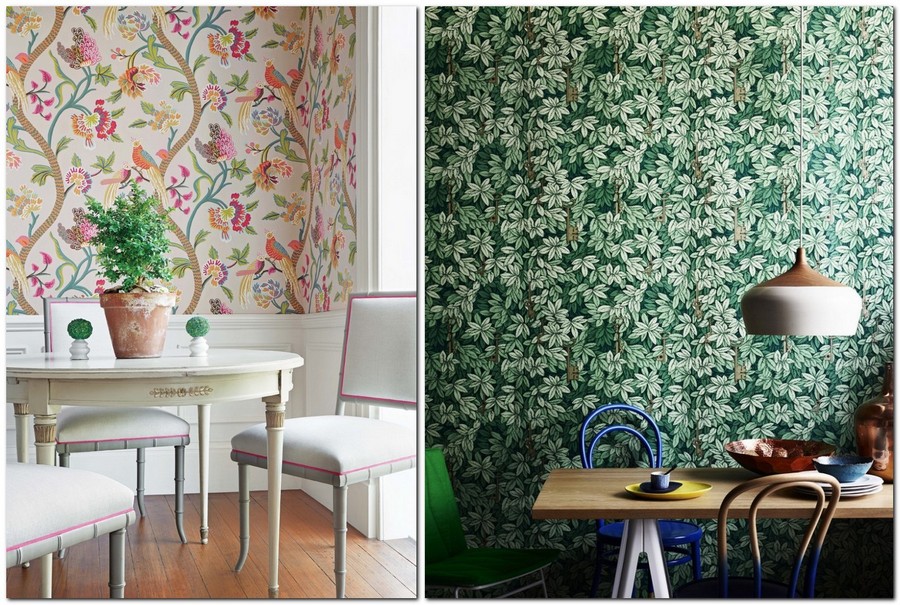 7-kitchen-wallpaper-wall-covering-ideas-in-interior-design-bird-motifs-floral-pattern-organic-green-leaves-wall-panelling-wooden-panels-white-dining-table-chairs